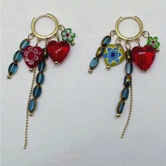 Colorful Heart and Bead Earrings N1062 - Picture 2 of 4